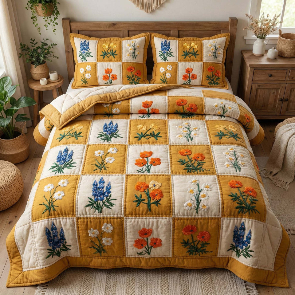 Wildflower Meadow Golden Checkerboard Blocks quilted bedding set, quilt and two pillow shams on a made bed