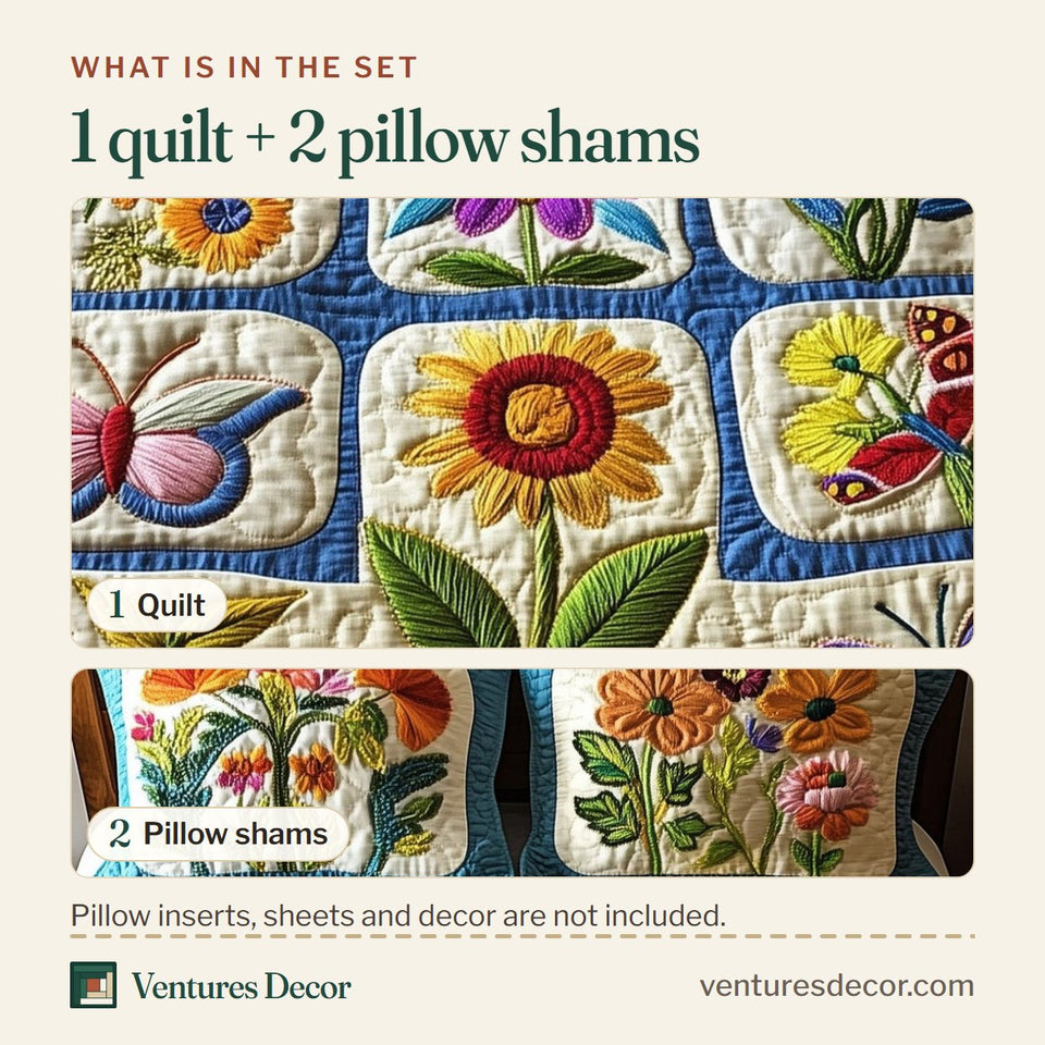 What is in the set: one quilt and two pillow shams, shown in the Wildflower Patch Sampler design