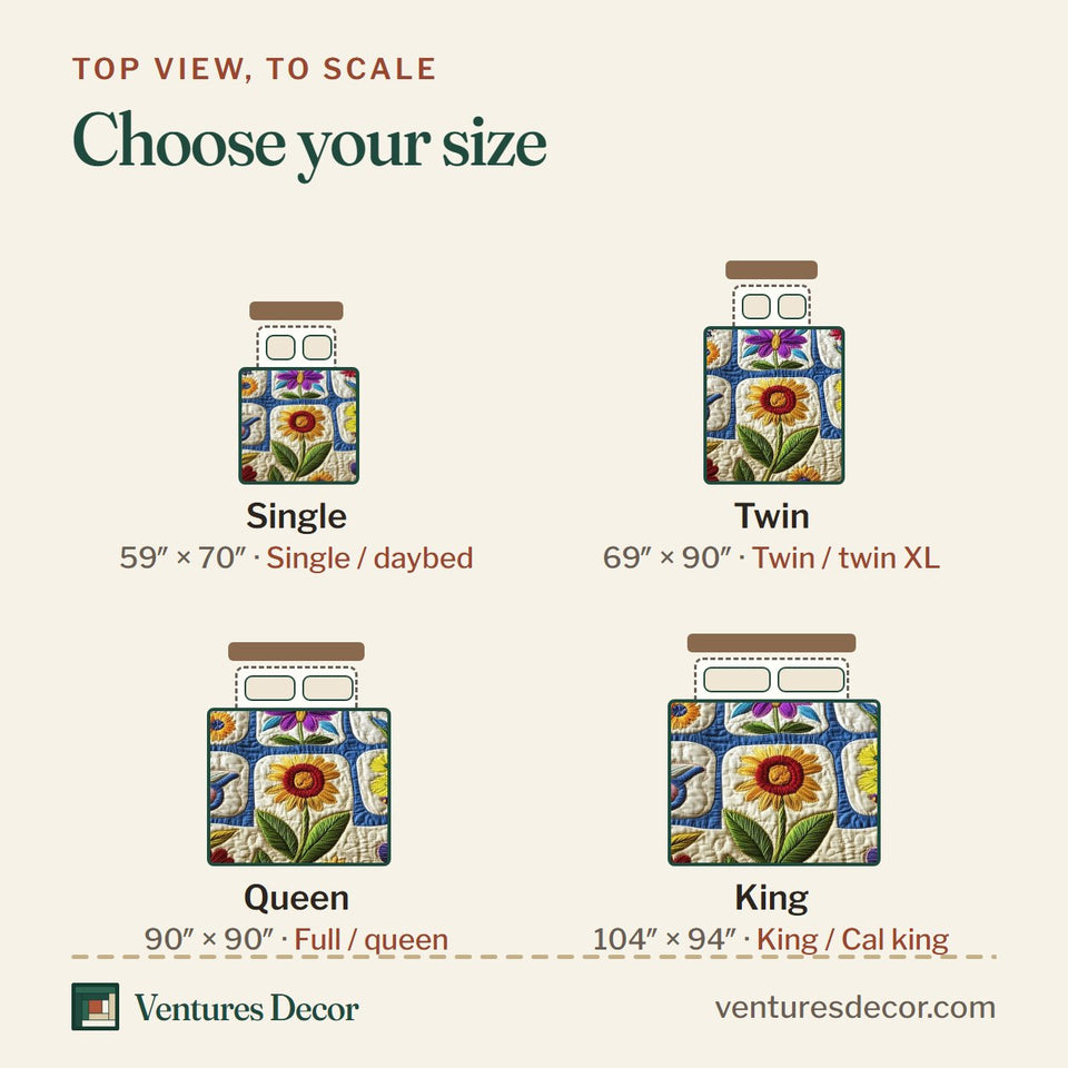 Size guide for the Wildflower Patch Sampler quilt, top view to scale: Single 59 x 70 in, Twin 69 x 90 in, Queen 90 x 90 in, King 104 x 94 in