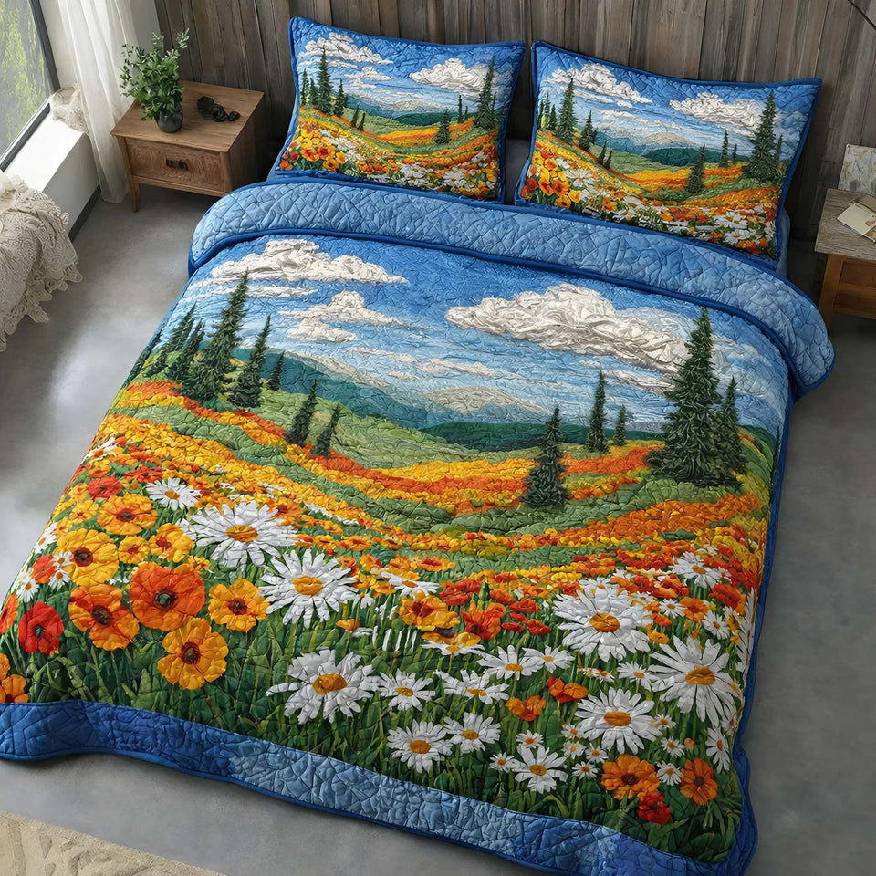 Wildflower Sky quilted bedding set, quilt and two pillow shams on a made bed