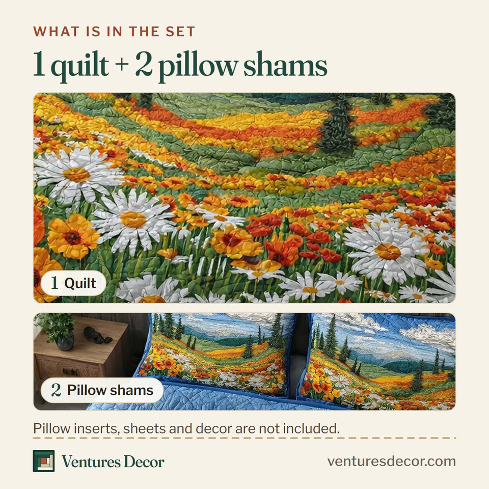 What is in the set: one quilt and two pillow shams, shown in the Wildflower Sky design