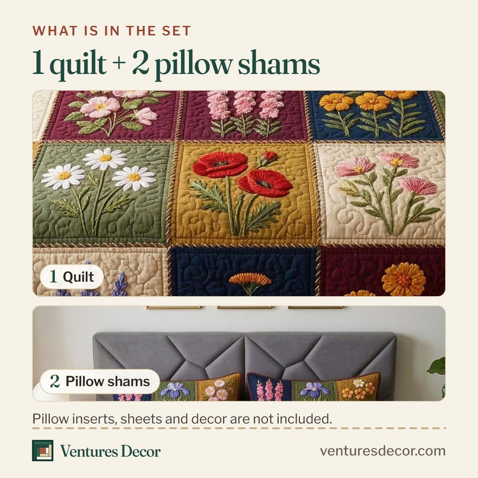 What is in the set: one quilt and two pillow shams, shown in the Wildflower Window Box Grid design
