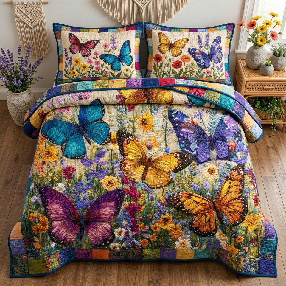 Wildflower Wings quilted bedding set, quilt and two pillow shams on a made bed