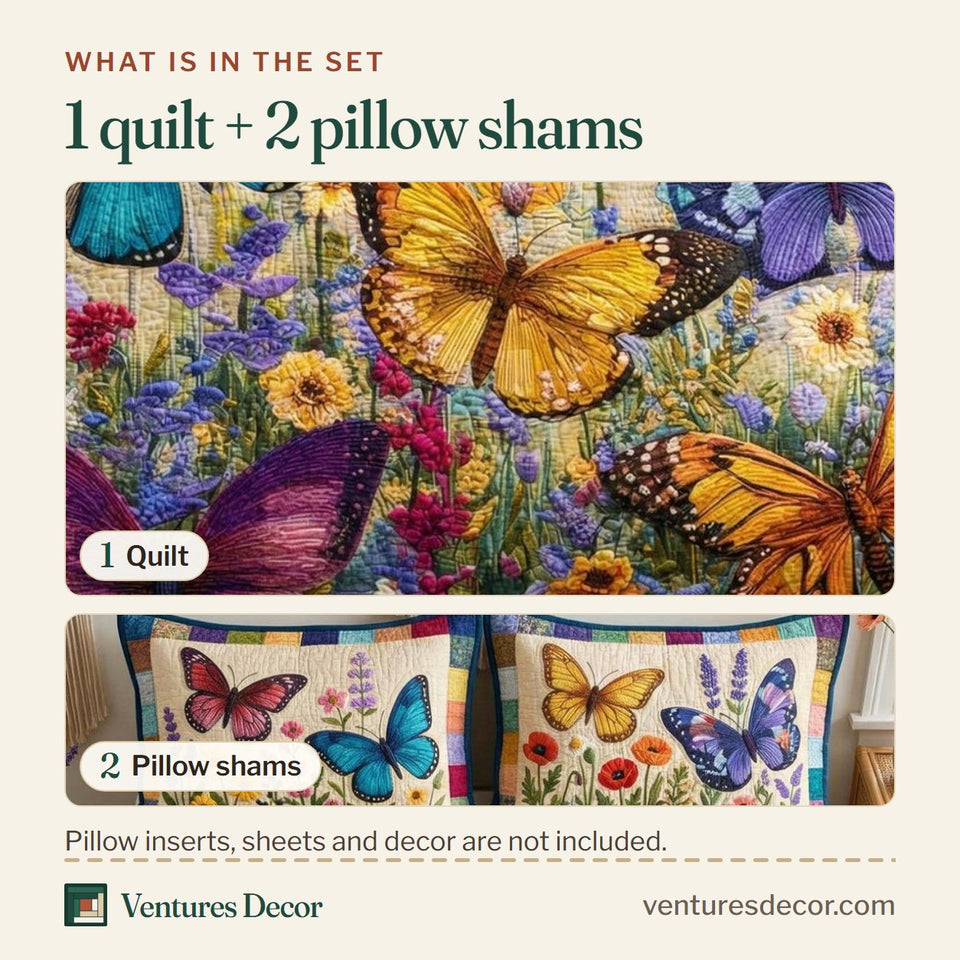 What is in the set: one quilt and two pillow shams, shown in the Wildflower Wings design