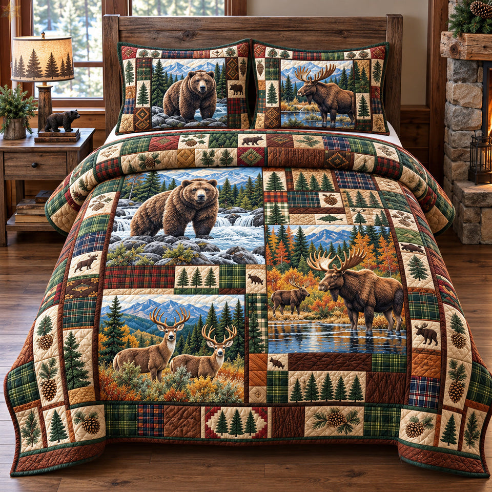 Wildlife Mountain Retreat quilted bedding set, quilt and two pillow shams on a made bed