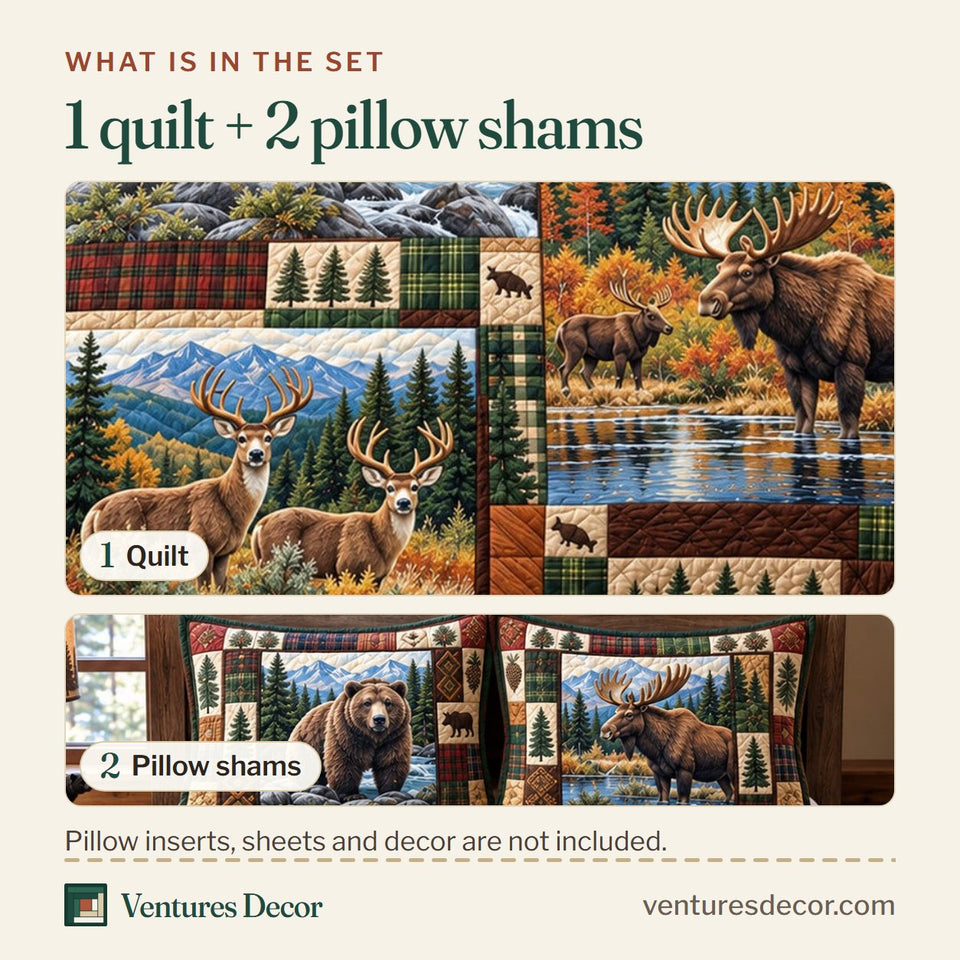 What is in the set: one quilt and two pillow shams, shown in the Wildlife Mountain Retreat Quilt Set, 3-Piece Quilted Bedding with 2 Pillow Shams design