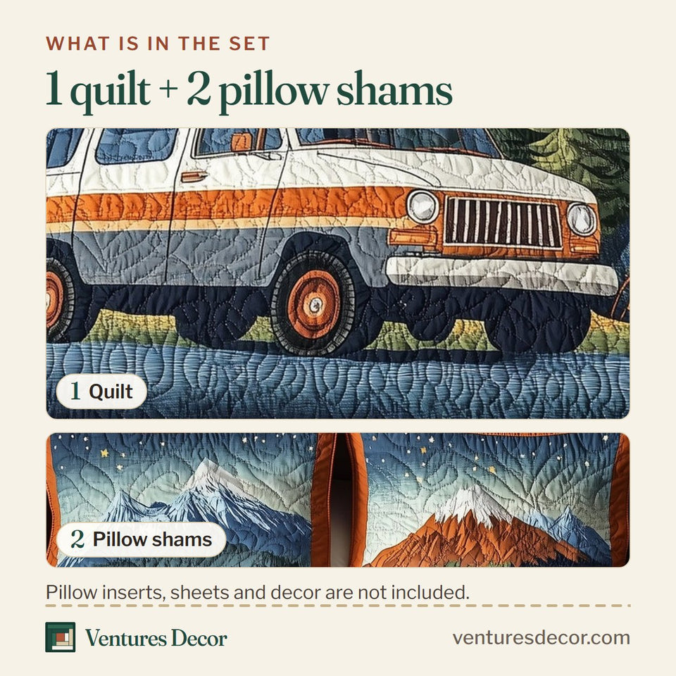 What is in the set: one quilt and two pillow shams, shown in the Wildwood Hideaway Van in the Pine Clearing design