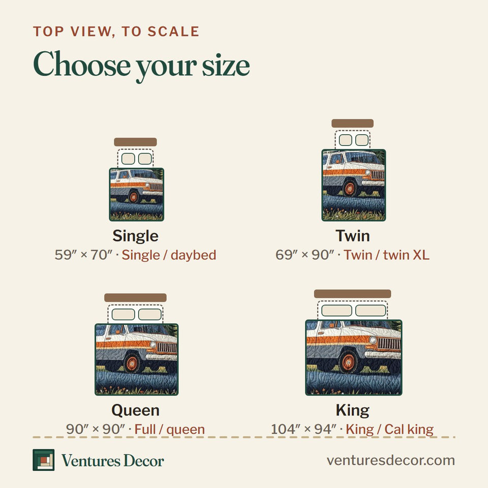 Size guide for the Wildwood Hideaway Van in the Pine Clearing quilt, top view to scale: Single 59 x 70 in, Twin 69 x 90 in, Queen 90 x 90 in, King 104 x 94 in