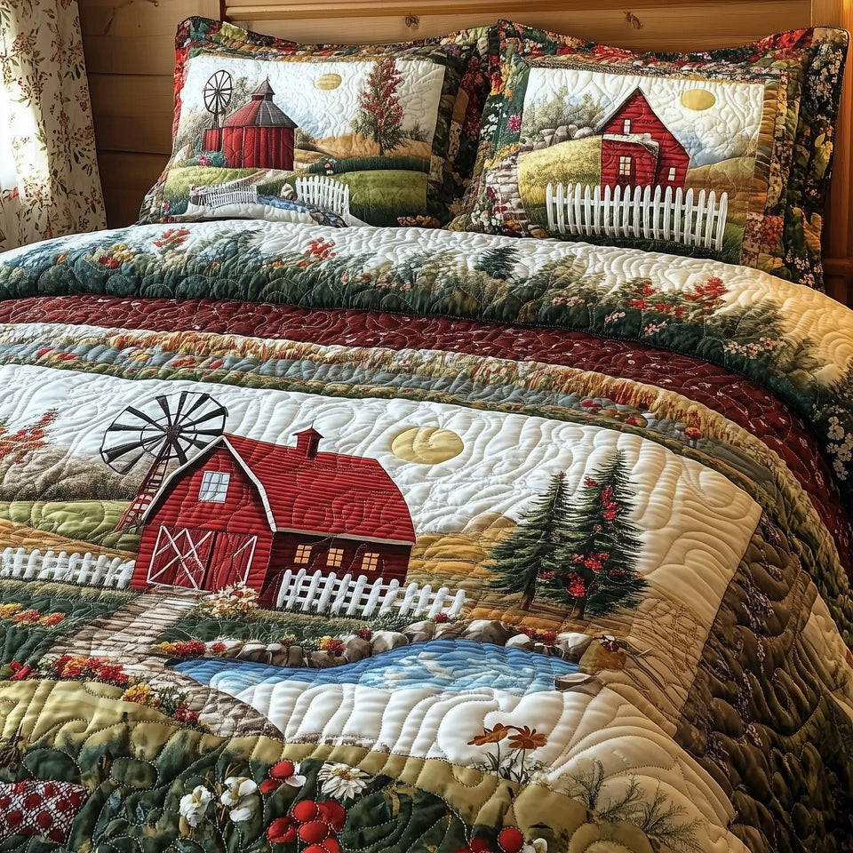 Windmill Barn Pond Morning quilted bedding set, quilt and two pillow shams on a made bed