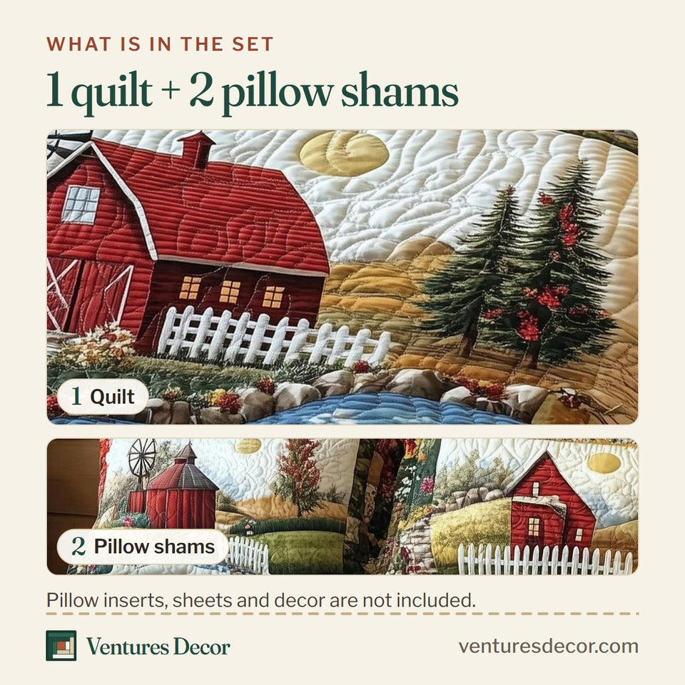 What is in the set: one quilt and two pillow shams, shown in the Windmill Barn Pond Morning design