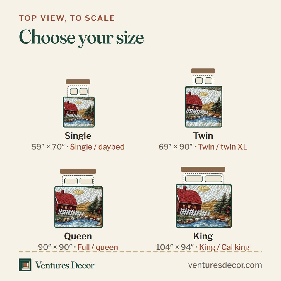 Size guide for the Windmill Barn Pond Morning quilt, top view to scale: Single 59 x 70 in, Twin 69 x 90 in, Queen 90 x 90 in, King 104 x 94 in