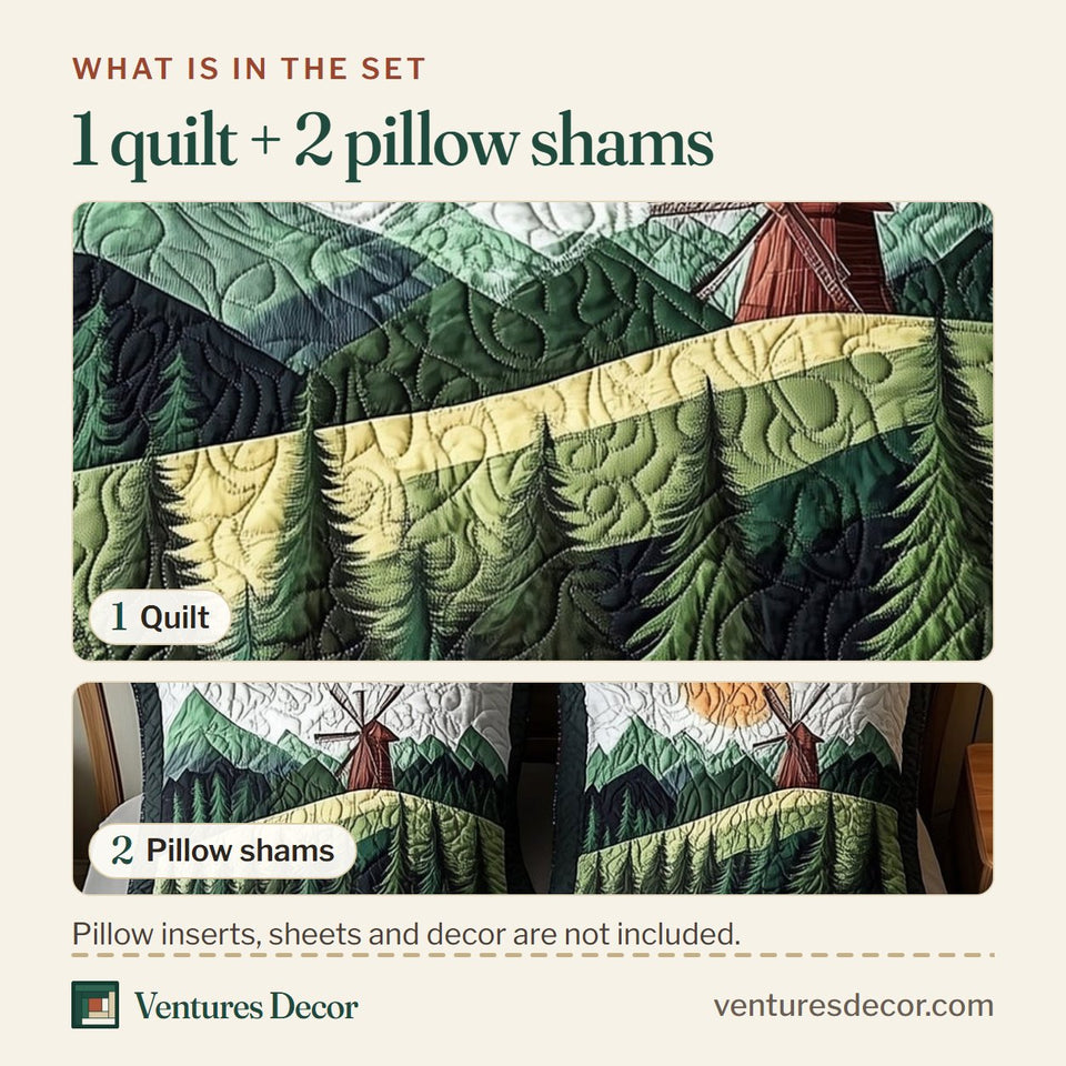 What is in the set: one quilt and two pillow shams, shown in the Windmill In Forest Sun Over the Pines design