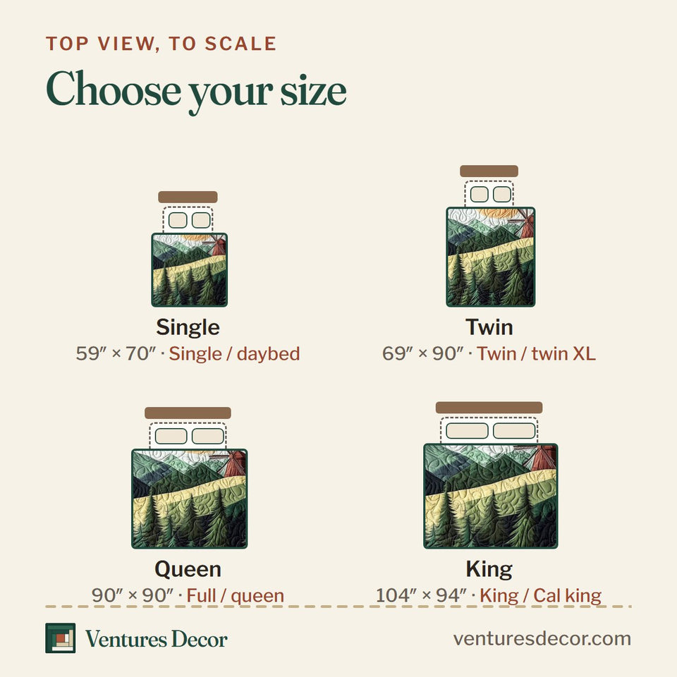 Size guide for the Windmill In Forest Sun Over the Pines quilt, top view to scale: Single 59 x 70 in, Twin 69 x 90 in, Queen 90 x 90 in, King 104 x 94 in