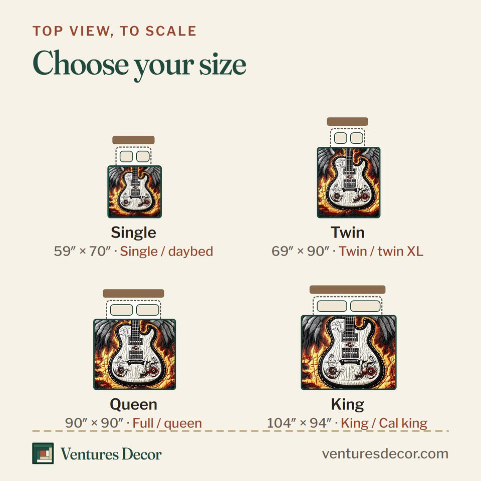 Size guide for the Winged Flame Guitar quilt, top view to scale: Single 59 x 70 in, Twin 69 x 90 in, Queen 90 x 90 in, King 104 x 94 in