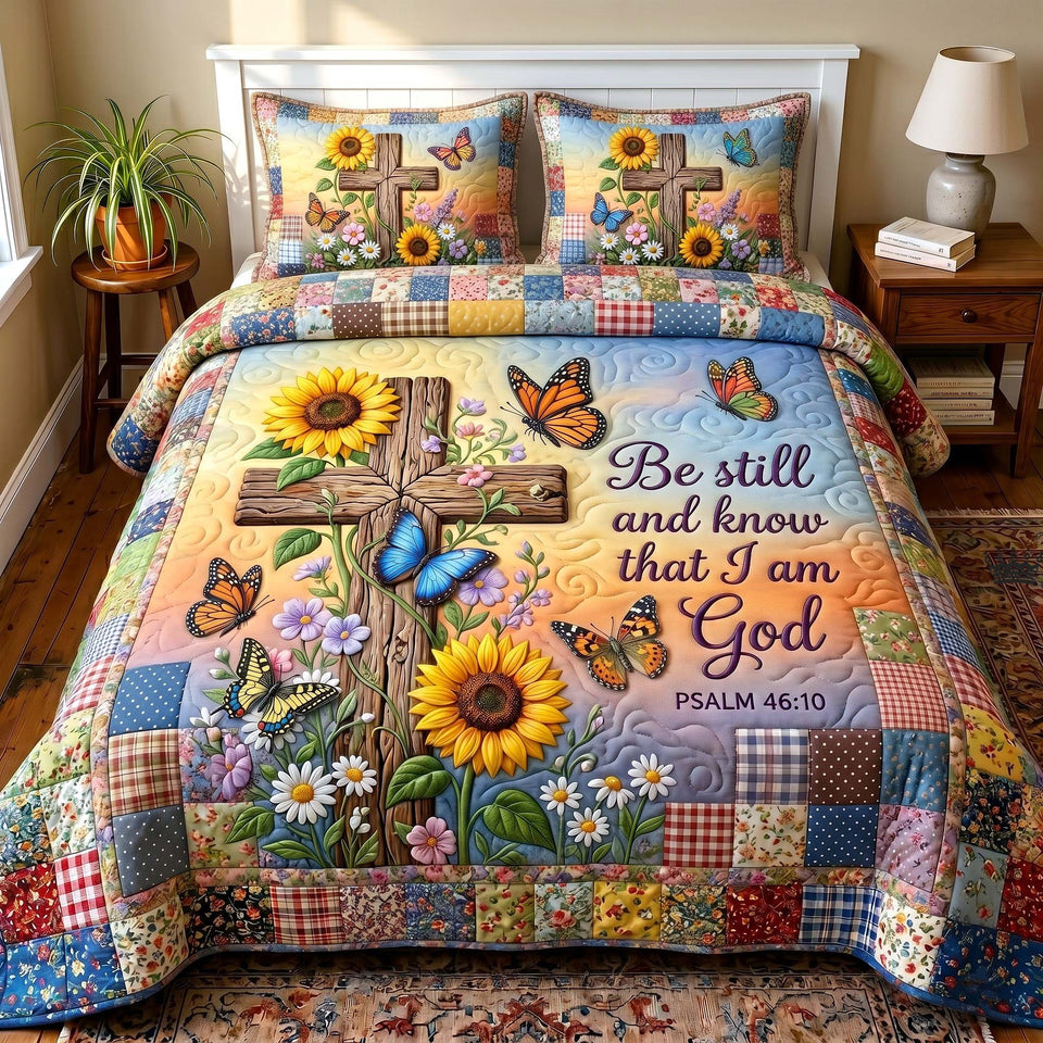 Wings Of Faith Cross Among Sunflowers quilted bedding set, quilt and two pillow shams on a made bed
