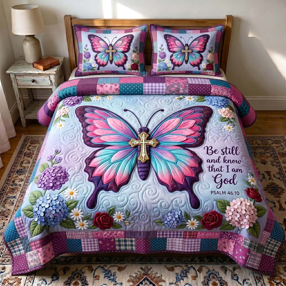 Wings Of Faith Pink Butterfly On Lilac quilted bedding set, quilt and two pillow shams on a made bed