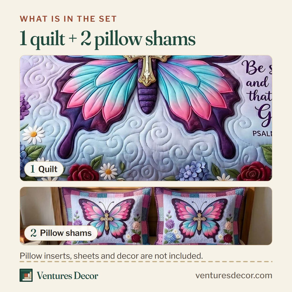 What is in the set: one quilt and two pillow shams, shown in the Wings Of Faith Pink Butterfly On Lilac design