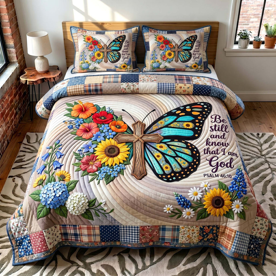 Wings Of Faith Teal Wings And Sunflowers quilted bedding set, quilt and two pillow shams on a made bed