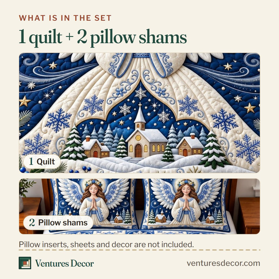 What is in the set: one quilt and two pillow shams, shown in the Winter Angel Quilt Set, 3-Piece Quilted Bedding with 2 Pillow Shams design