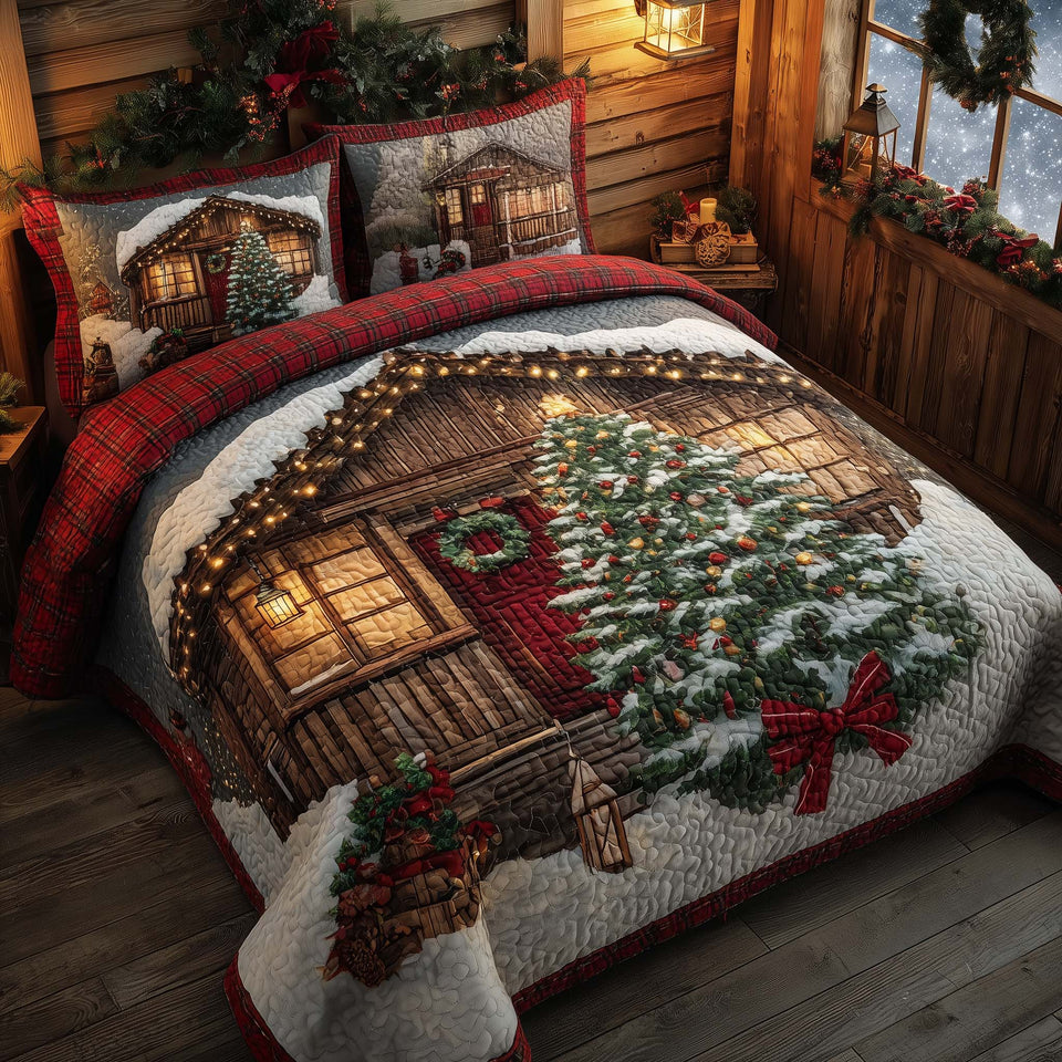 Winter Barn Plaid Border And Wreath quilted bedding set, quilt and two pillow shams on a made bed