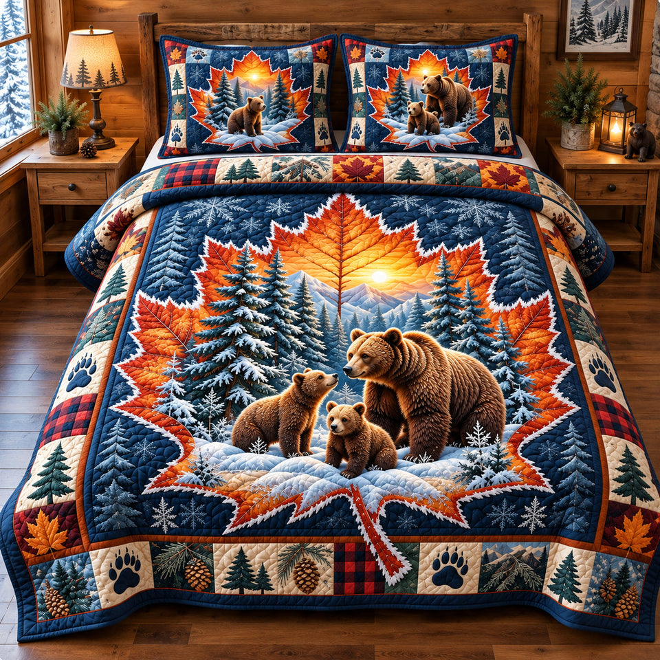 Winter Bear Family Cabin In The Woods quilted bedding set, quilt and two pillow shams on a made bed
