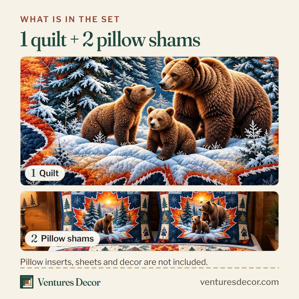 What is in the set: one quilt and two pillow shams, shown in the Winter Bear Family Cabin In The Woods Quilt Set, 3-Piece Quilted Bedding with 2 Pillow Shams design