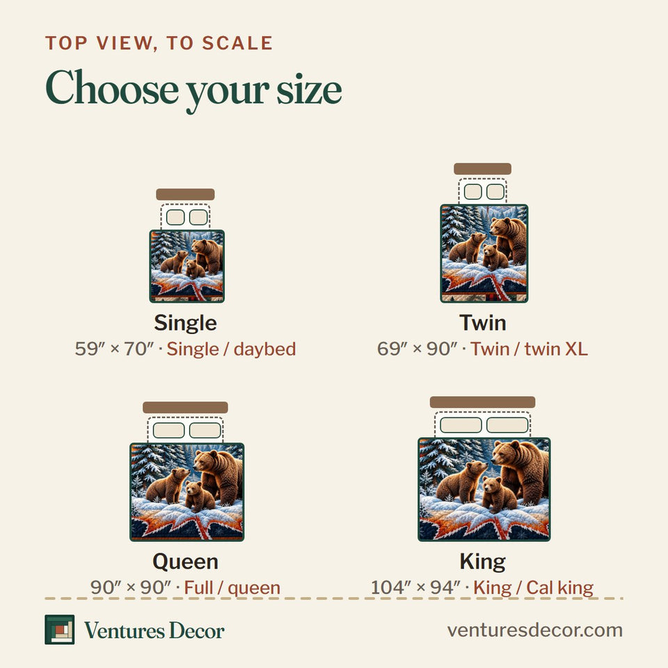 Size guide for the Winter Bear Family Cabin In The Woods Quilt Set, 3-Piece Quilted Bedding with 2 Pillow Shams quilt, top view to scale: Single 59 x 70 in, Twin 69 x 90 in, Queen 90 x 90 in, King 104 x 94 in