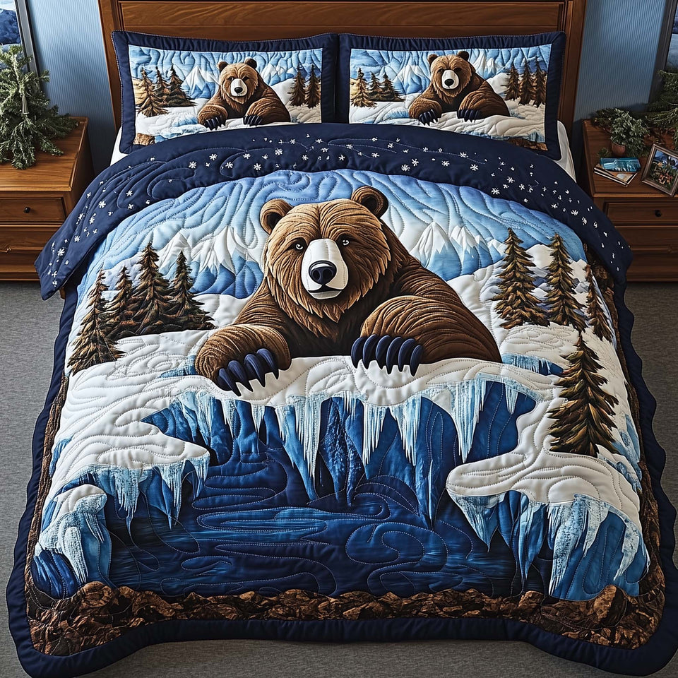 Winter Bear quilted bedding set, quilt and two pillow shams on a made bed