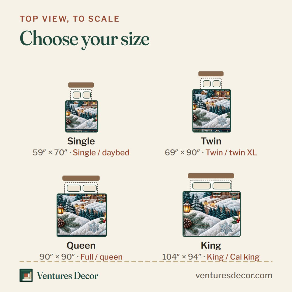 Size guide for the Winter Cabin Forest quilt, top view to scale: Single 59 x 70 in, Twin 69 x 90 in, Queen 90 x 90 in, King 104 x 94 in