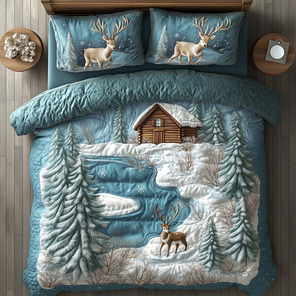 Winter Cabin Pale Teal Stream quilted bedding set, quilt and two pillow shams on a made bed