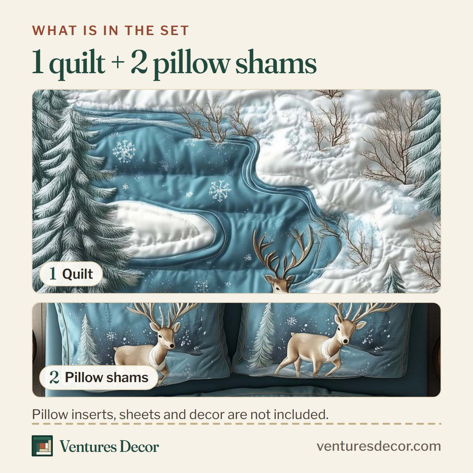 What is in the set: one quilt and two pillow shams, shown in the Winter Cabin Pale Teal Stream design