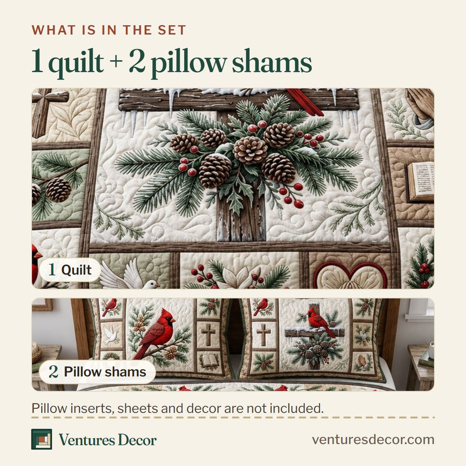 What is in the set: one quilt and two pillow shams, shown in the Winter Cardinal Cross design