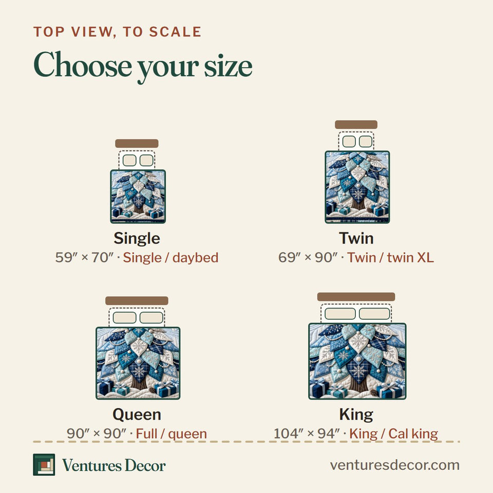 Size guide for the Winter Crystal Tree quilt, top view to scale: Single 59 x 70 in, Twin 69 x 90 in, Queen 90 x 90 in, King 104 x 94 in