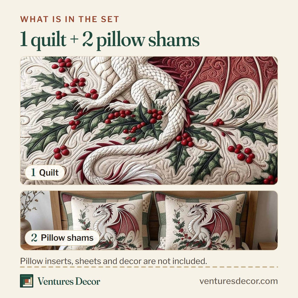 What is in the set: one quilt and two pillow shams, shown in the Winter Dragon Holly design