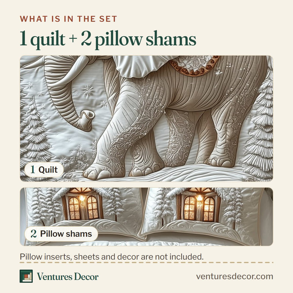 What is in the set: one quilt and two pillow shams, shown in the Winter Elephant Cream White Side Profile design