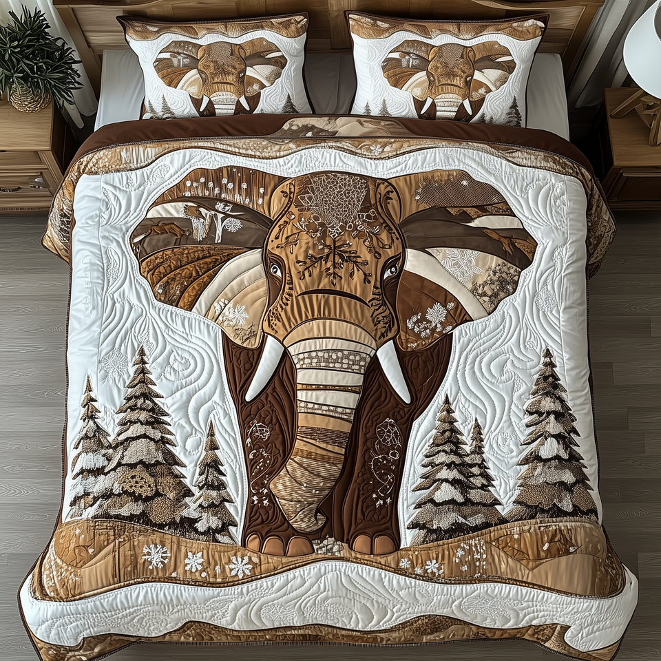 Winter Elephant Patchwork Hide In Tan quilted bedding set, quilt and two pillow shams on a made bed