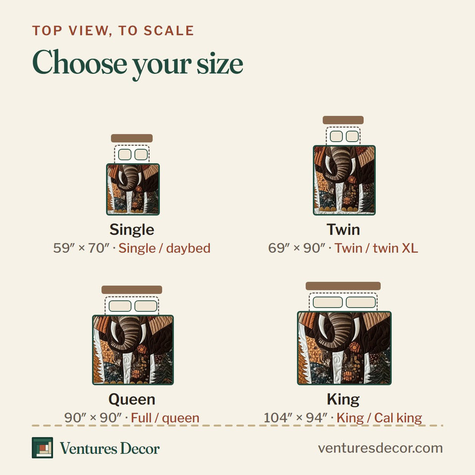 Size guide for the Winter Elephant Rust Patchwork Border quilt, top view to scale: Single 59 x 70 in, Twin 69 x 90 in, Queen 90 x 90 in, King 104 x 94 in