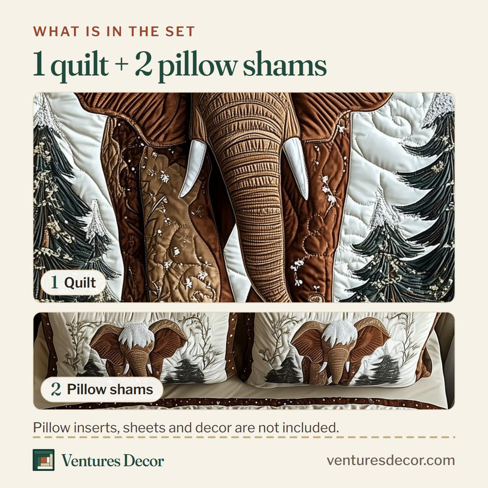 What is in the set: one quilt and two pillow shams, shown in the Winter Elephant Snowcap Between Firs design