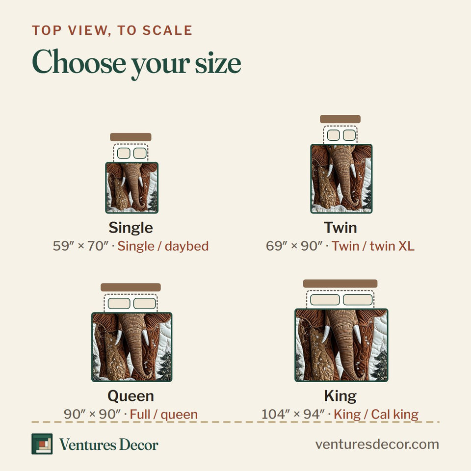 Size guide for the Winter Elephant Snowcap Between Firs quilt, top view to scale: Single 59 x 70 in, Twin 69 x 90 in, Queen 90 x 90 in, King 104 x 94 in