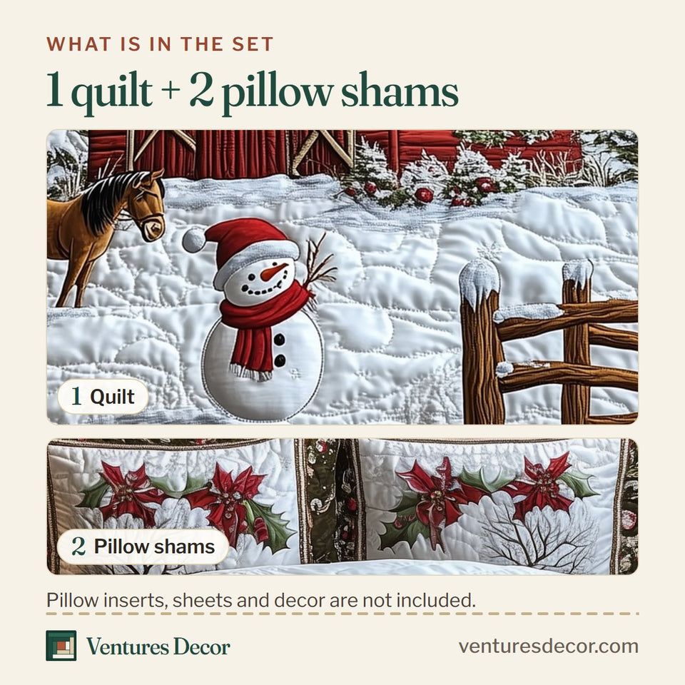 What is in the set: one quilt and two pillow shams, shown in the Winter Farmhouse Snowman Barn design