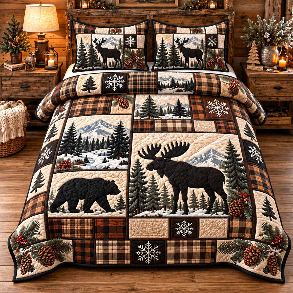Winter Forest Patchwork Animal quilted bedding set, quilt and two pillow shams on a made bed