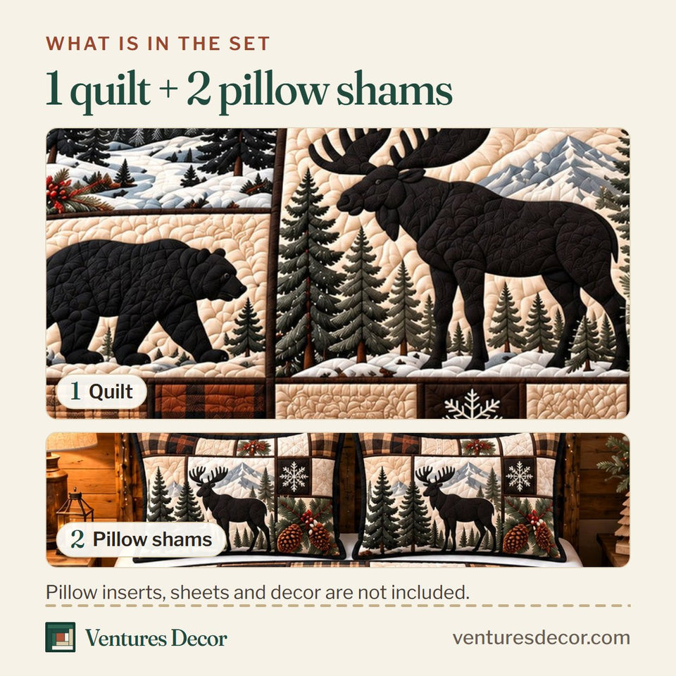 What is in the set: one quilt and two pillow shams, shown in the Winter Forest Patchwork Animal Quilt Set, 3-Piece Quilted Bedding with 2 Pillow Shams design