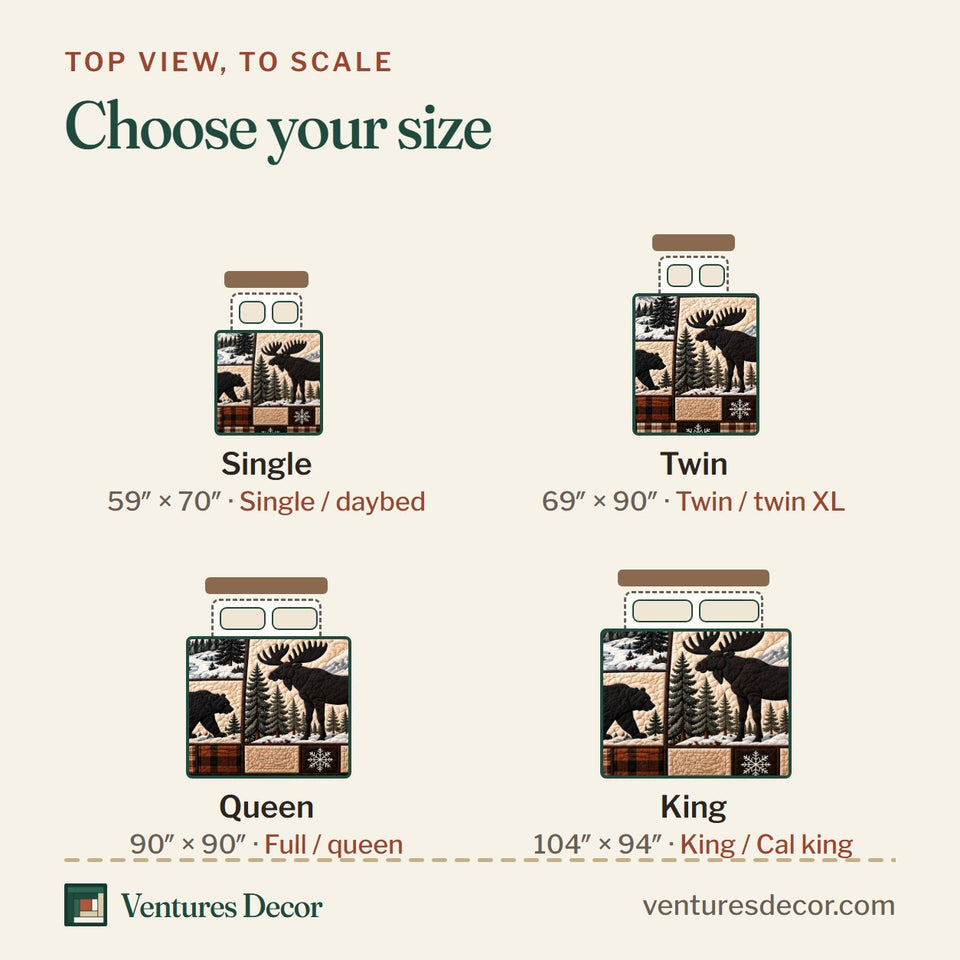 Size guide for the Winter Forest Patchwork Animal Quilt Set, 3-Piece Quilted Bedding with 2 Pillow Shams quilt, top view to scale: Single 59 x 70 in, Twin 69 x 90 in, Queen 90 x 90 in, King 104 x 94 in