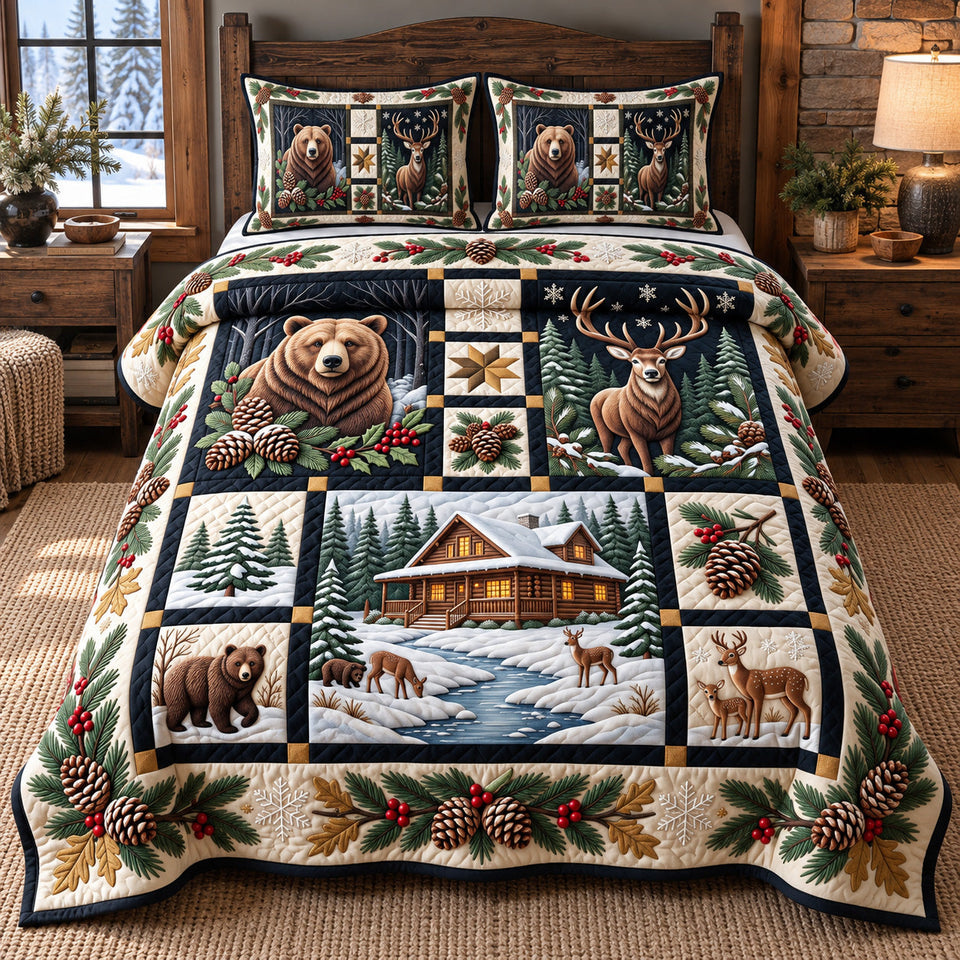 Winter Forest Patchwork Christmas quilted bedding set, quilt and two pillow shams on a made bed