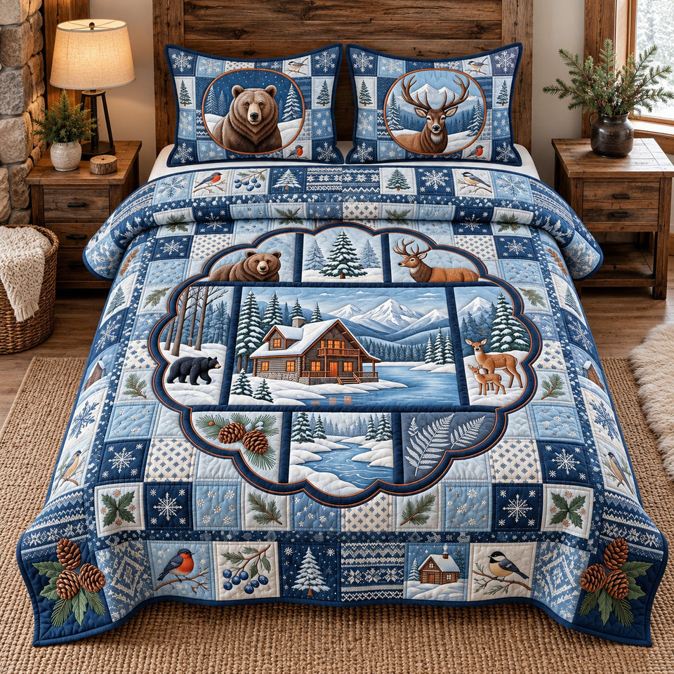 Winter Forest Patchwork quilted bedding set, quilt and two pillow shams on a made bed