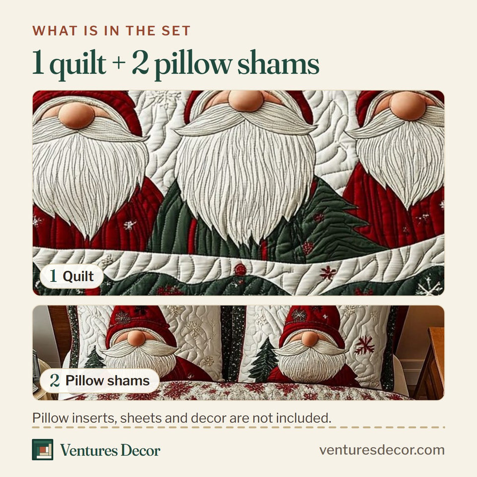 What is in the set: one quilt and two pillow shams, shown in the Winter Gnome Duo Pines design