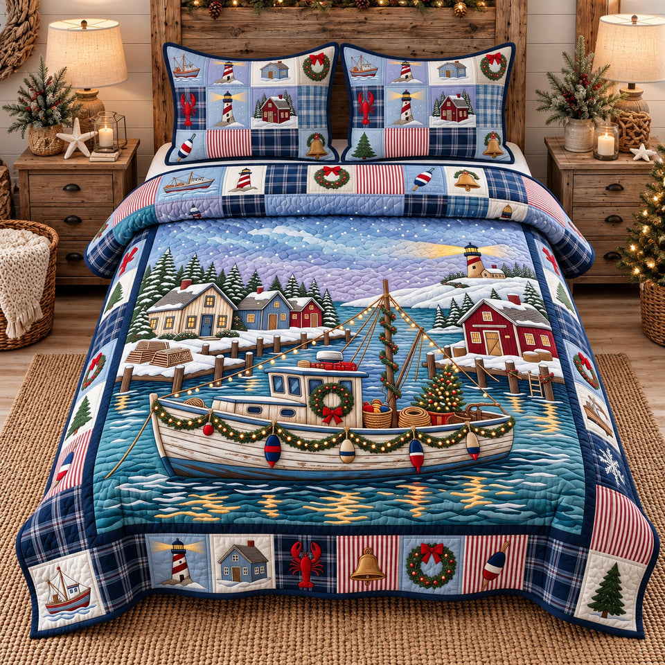Winter Harbor Boat quilted bedding set, quilt and two pillow shams on a made bed