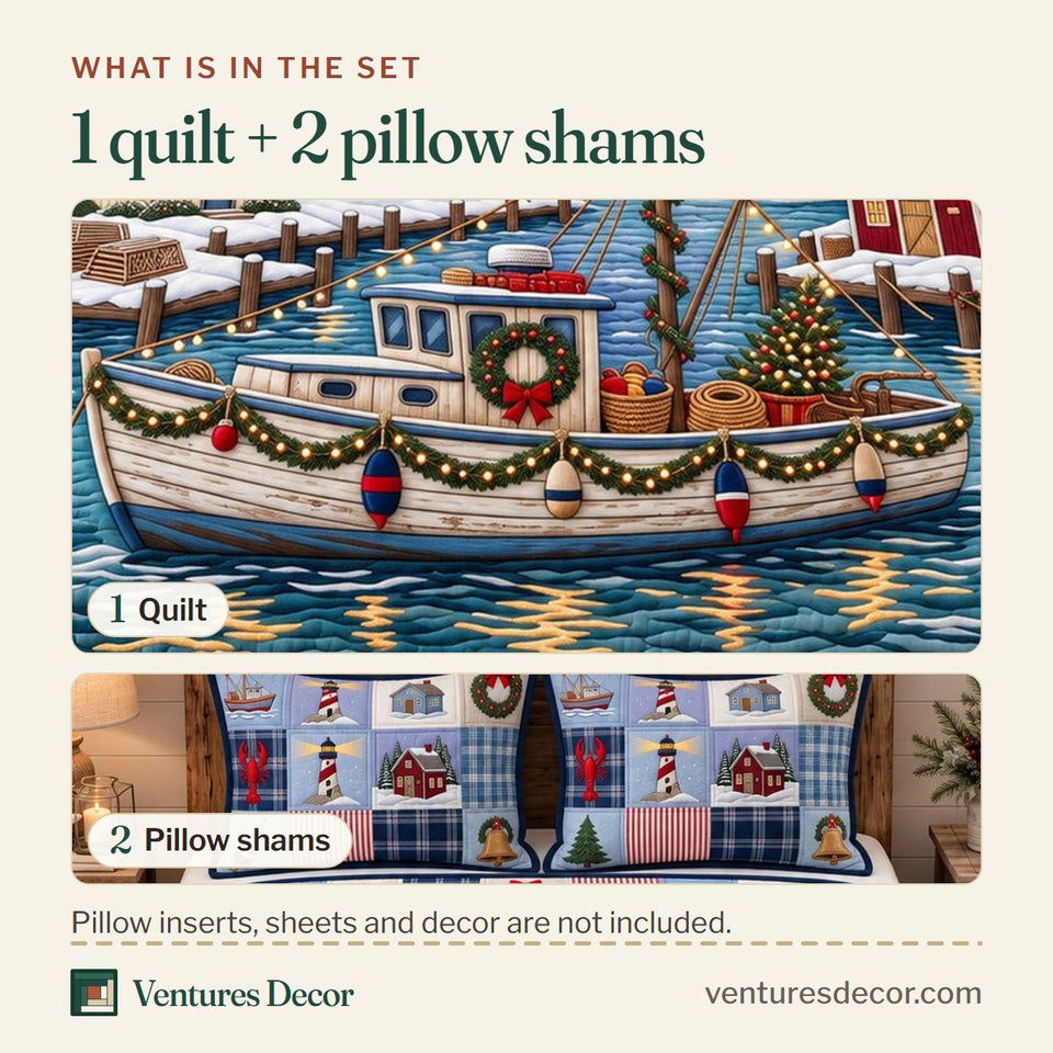What is in the set: one quilt and two pillow shams, shown in the Winter Harbor Boat Quilt Set, 3-Piece Quilted Bedding with 2 Pillow Shams design