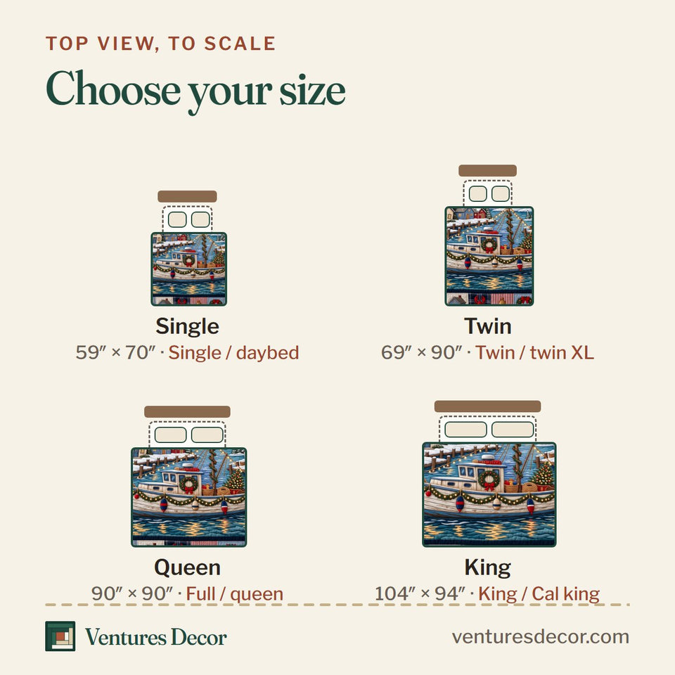 Size guide for the Winter Harbor Boat Quilt Set, 3-Piece Quilted Bedding with 2 Pillow Shams quilt, top view to scale: Single 59 x 70 in, Twin 69 x 90 in, Queen 90 x 90 in, King 104 x 94 in
