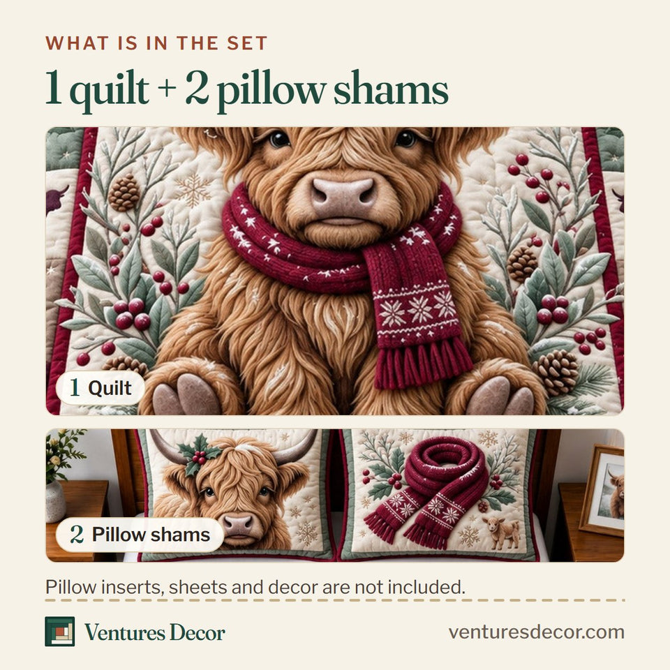 What is in the set: one quilt and two pillow shams, shown in the Winter Highland design
